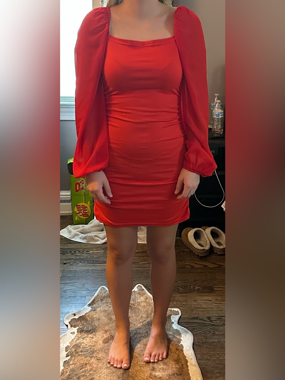 SHEIN Red Square Neck Bishop Sleeve Mini Dress